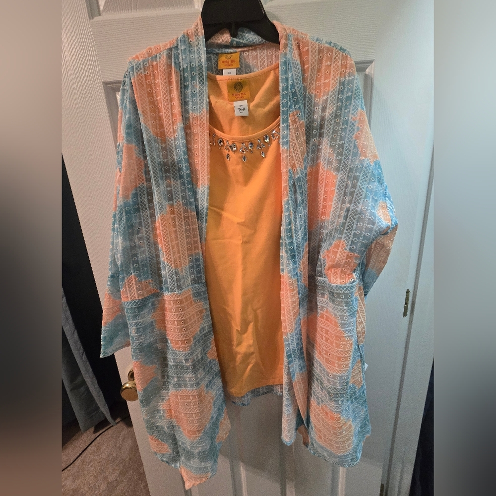 Ruby Rd. Cardigan & Peach Tank Top with Crystal Accents